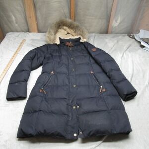 Ralph Lauren Down Coat Women Large Blue Faux Fur Hooded Insulated Winter Puffer